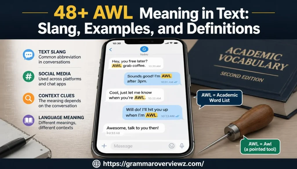 AWL meaning in text shown through a smartphone chat and different language contexts