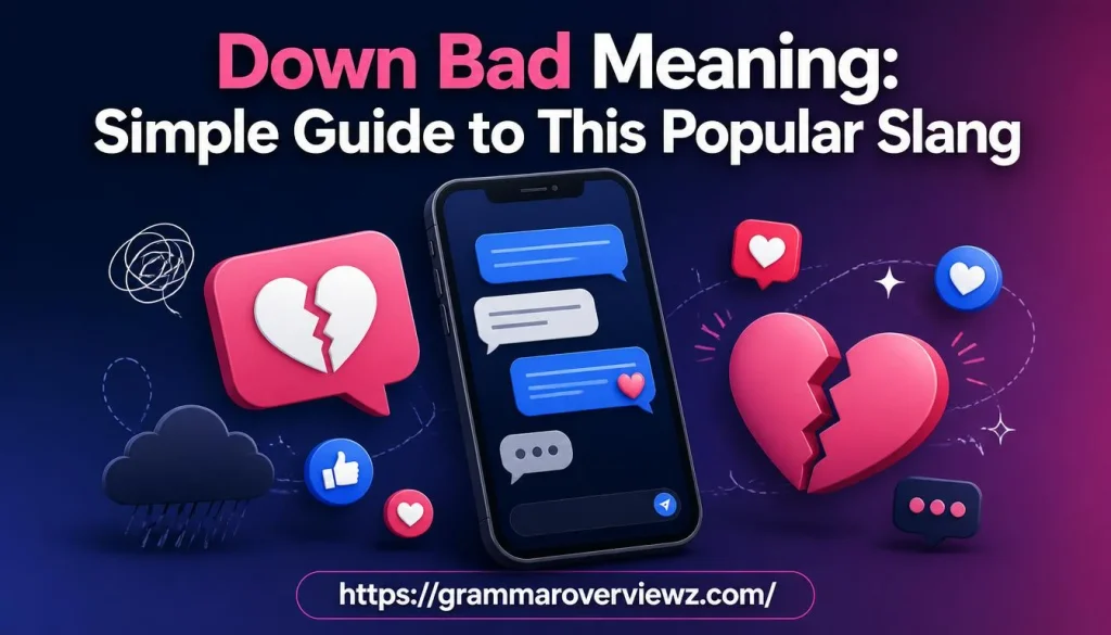 Down bad meaning explained with texting symbols and romantic slang illustrations.