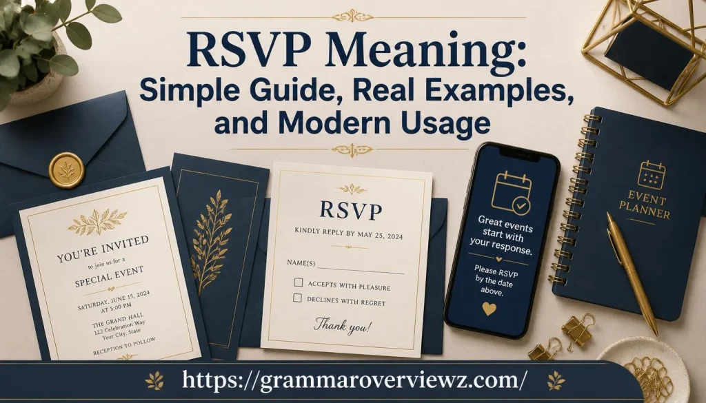 RSVP meaning explained with invitation cards, response options, and event-planning stationery.