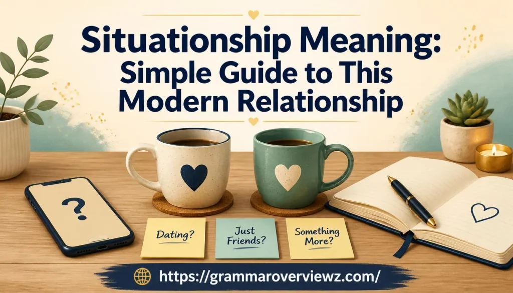 Situationship meaning illustrated with two heart-marked mugs, relationship notes, and a phone on a desk.