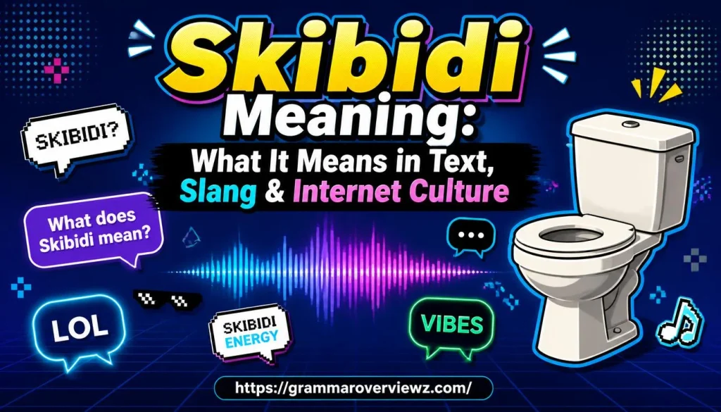 Skibidi meaning explained through internet slang, memes, chat bubbles, and Skibidi Toilet culture.