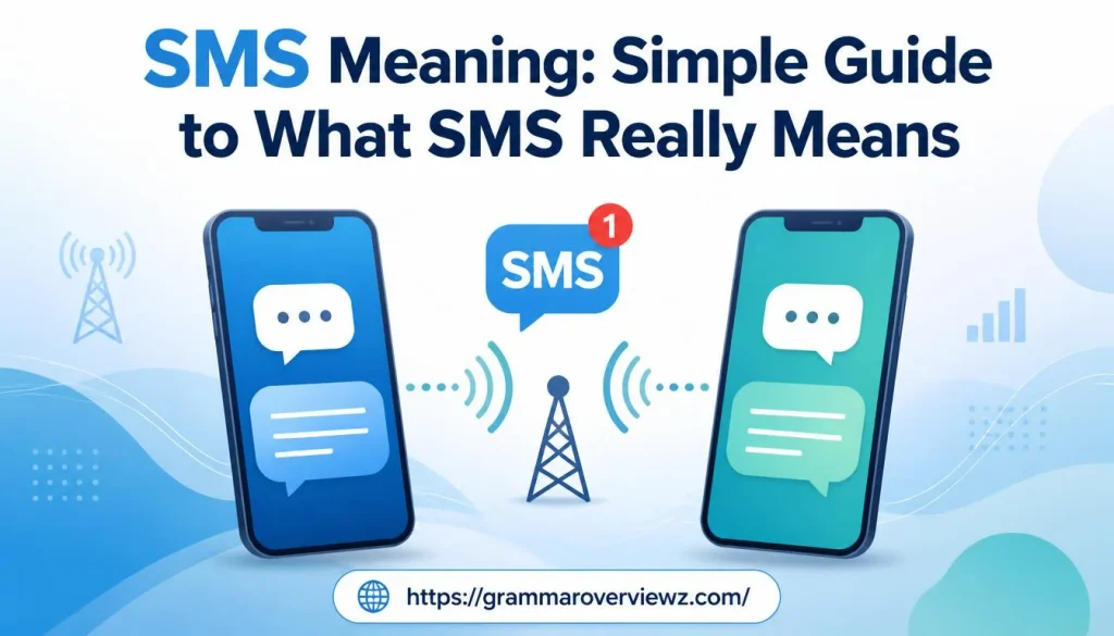 SMS meaning explained with smartphones and text message symbols.