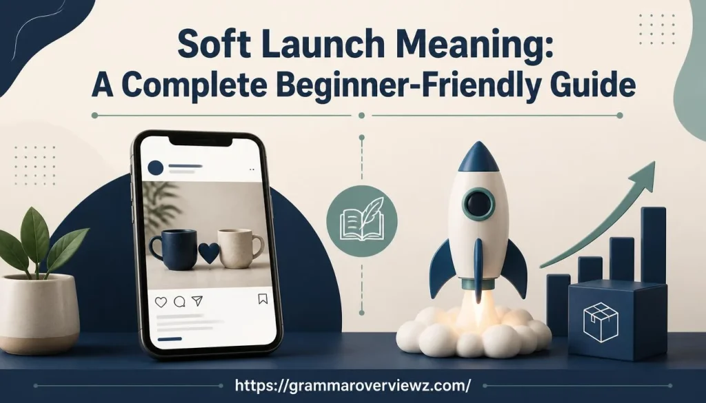 Soft launch meaning explained with a smartphone, two coffee cups, and product launch symbols.