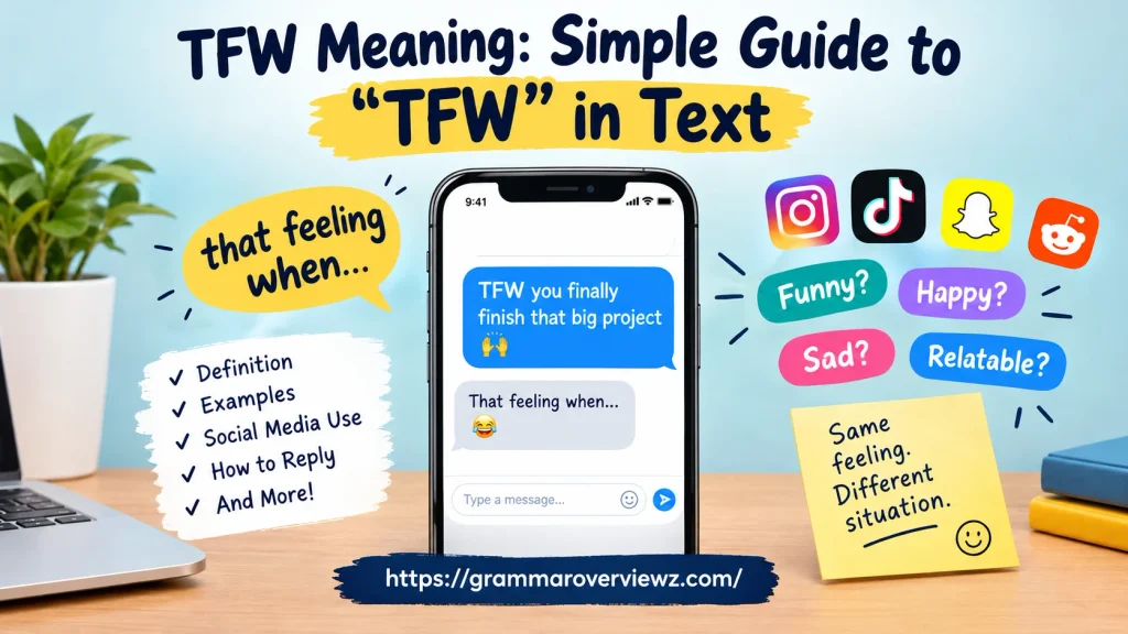 TFW meaning in text explained with a smartphone chat, social media icons, and examples of relatable feelings.
