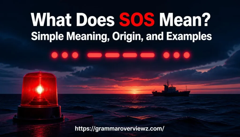 What does SOS mean, showing a maritime distress signal, Morse code symbols, and an emergency beacon.